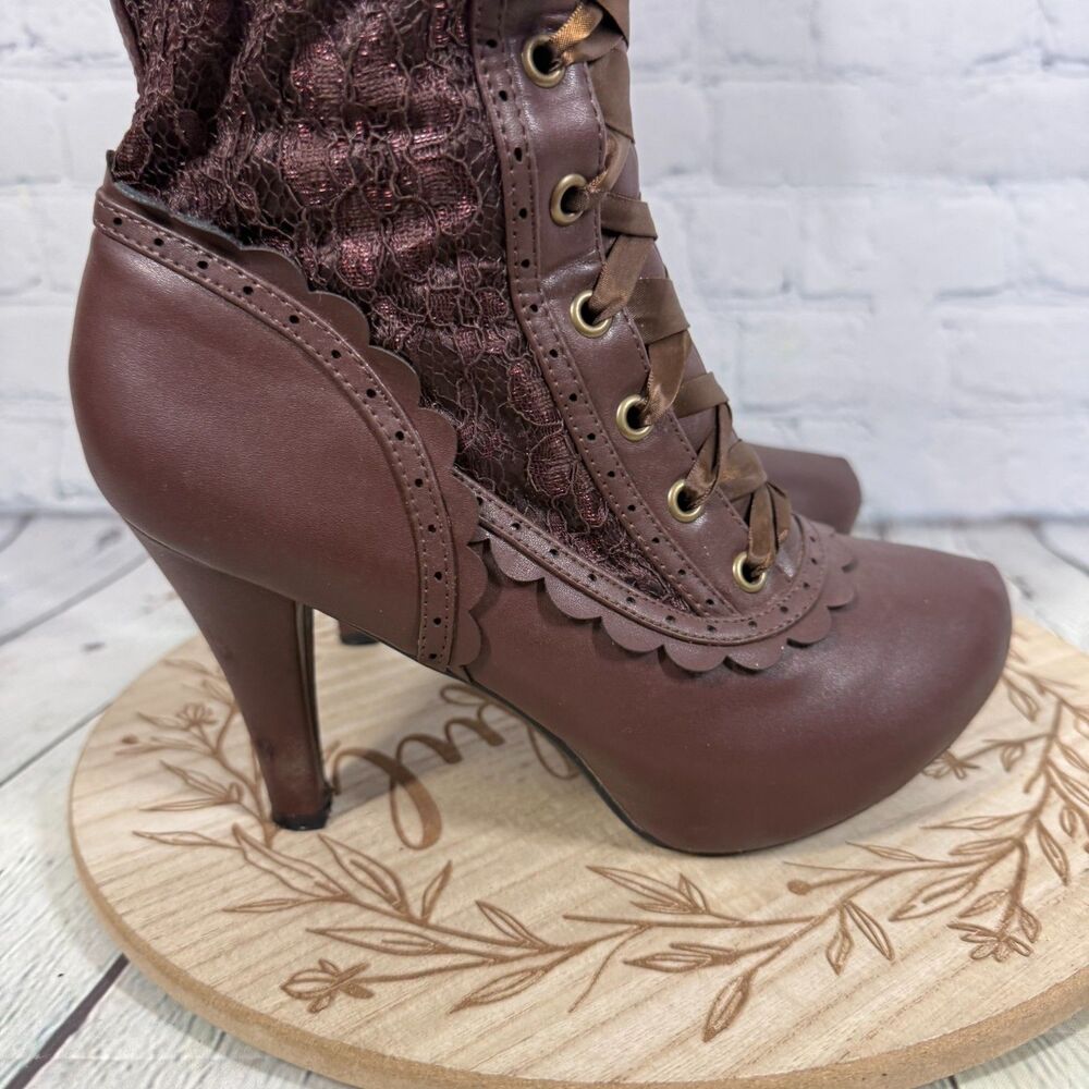 Ellie Victorian Steampunk Lace Up Knee High Boots Size 7 Brown Platform Goth - Picture 11 of 16